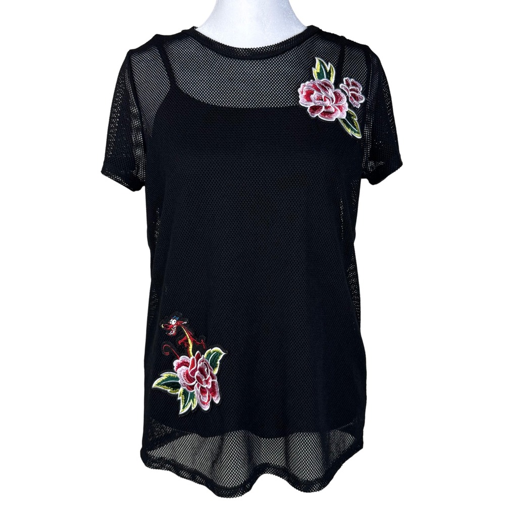 Disney Mesh Top with‎ Cami Floral Embroidered Black Small Emo Goth Grunge Y2K